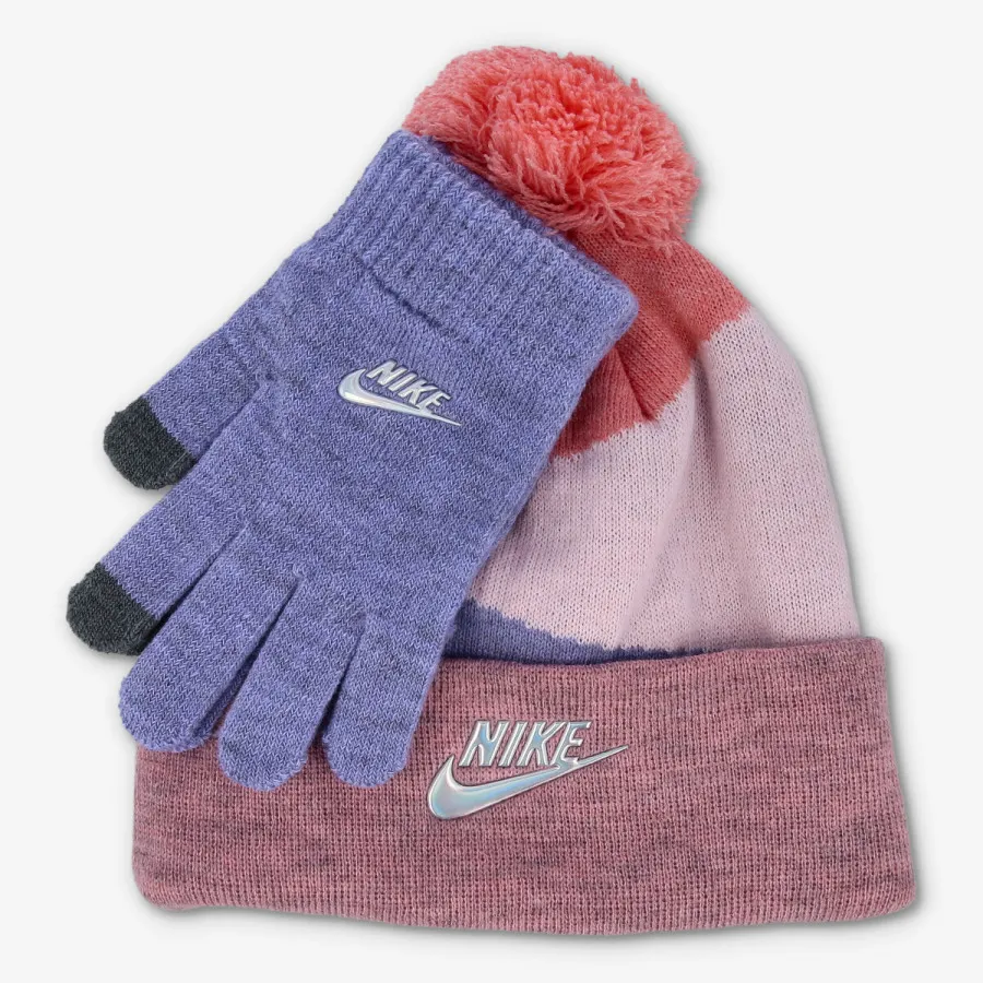 NIKE SET HEATHER BLOCK POM BEANIE SET 